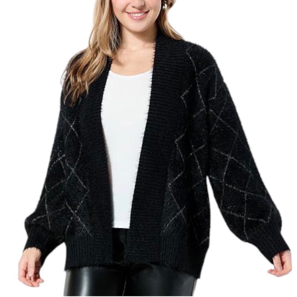 Diane Gilman DG2 Black Argyle Eyelash Knit Shimmer Cardigan‎ Sweater XL NEW